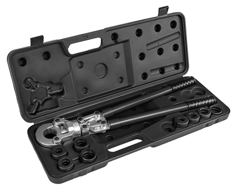 NEO TOOLS 02-445 Csőcsatlakozó prés készlet PEX csatlakozókhoz, cserélhető fejekkel, csőkalibráló szerszámmal