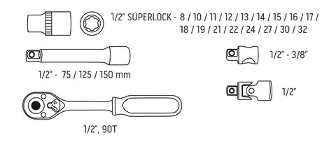 NEO TOOLS 08-694 Dugókulcskészlet 1/2", 23db, 90 fogas racsni!