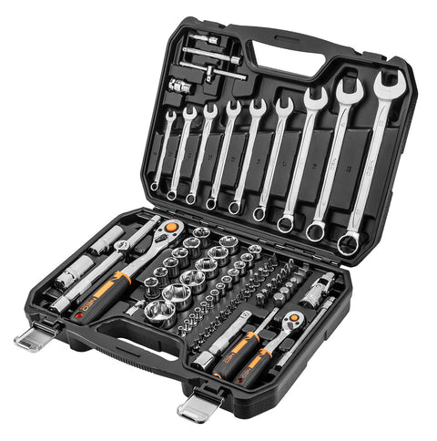 NEO TOOLS 10-058 Dugókulcskészlet + szerszámkészlet 1/2", 1/4", 82db, ECO