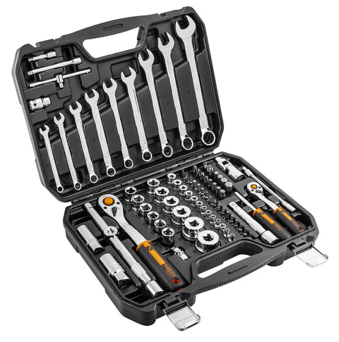 NEO TOOLS 10-058 Dugókulcskészlet + szerszámkészlet 1/2", 1/4", 82db, ECO