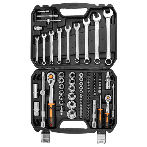NEO TOOLS 10-058 Dugókulcskészlet + szerszámkészlet 1/2", 1/4", 82db, ECO