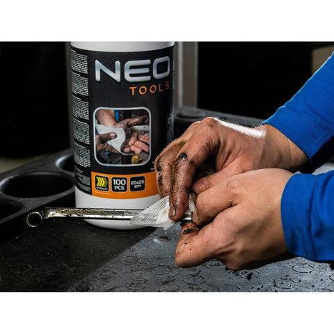 NEO TOOLS 10-407 Kéztisztító kendő, 100 lap, ragasztó, gyanta, szilikon, lakk, festék, poliuretán hab és polimer