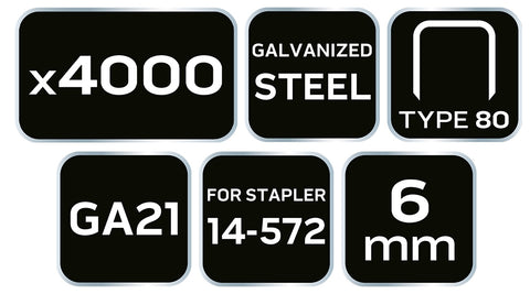 NEO TOOLS 14-610 Tűzőkapocs, horganyzott 80-as tipus, pneumatikus tűzőgéphez (14-572), GA21, 6mm, 4000db