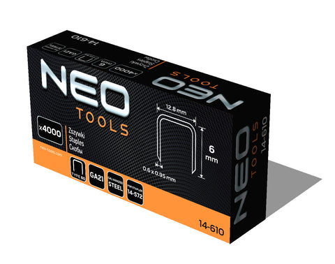 NEO TOOLS 14-610 Tűzőkapocs, horganyzott 80-as tipus, pneumatikus tűzőgéphez (14-572), GA21, 6mm, 4000db