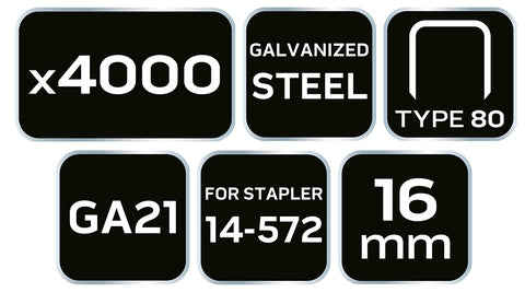 NEO TOOLS 14-615 Tűzőkapocs, horganyzott 80-as tipus, pneumatikus tűzőgéphez (14-572), GA21, 16mm, 4000db