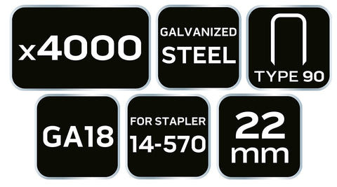 NEO TOOLS 14-624 Tűzőkapocs, horganyzott 90-es tipus, pneumatikus tűzőgéphez (14-570), GA18, 22mm, 4000db
