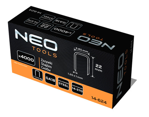 NEO TOOLS 14-624 Tűzőkapocs, horganyzott 90-es tipus, pneumatikus tűzőgéphez (14-570), GA18, 22mm, 4000db