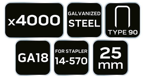 NEO TOOLS 14-625 Tűzőkapocs, horganyzott 90-es tipus, pneumatikus tűzőgéphez (14-570), GA18, 25mm, 4000db