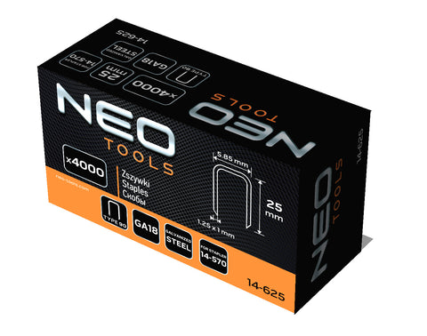NEO TOOLS 14-625 Tűzőkapocs, horganyzott 90-es tipus, pneumatikus tűzőgéphez (14-570), GA18, 25mm, 4000db