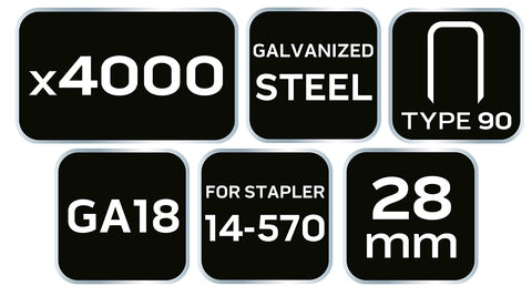 NEO TOOLS 14-626 Tűzőkapocs, horganyzott 90-es tipus, pneumatikus tűzőgéphez (14-570), GA18, 28mm, 4000db