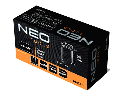 NEO TOOLS 14-626 Tűzőkapocs, horganyzott 90-es tipus, pneumatikus tűzőgéphez (14-570), GA18, 28mm, 4000db