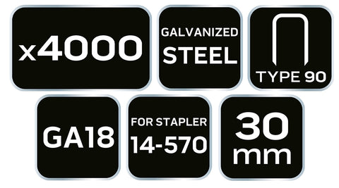 NEO TOOLS 14-627 Tűzőkapocs, horganyzott 90-es tipus, pneumatikus tűzőgéphez (14-570), GA18, 30mm, 4000db