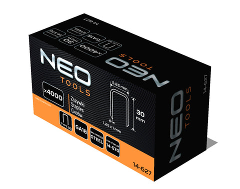 NEO TOOLS 14-627 Tűzőkapocs, horganyzott 90-es tipus, pneumatikus tűzőgéphez (14-570), GA18, 30mm, 4000db