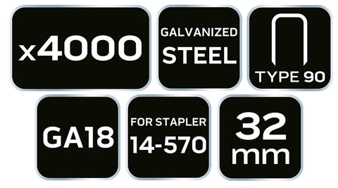 NEO TOOLS 14-628 Tűzőkapocs, horganyzott 90-es tipus, pneumatikus tűzőgéphez (14-570), GA18, 32mm, 4000db