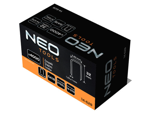 NEO TOOLS 14-628 Tűzőkapocs, horganyzott 90-es tipus, pneumatikus tűzőgéphez (14-570), GA18, 32mm, 4000db