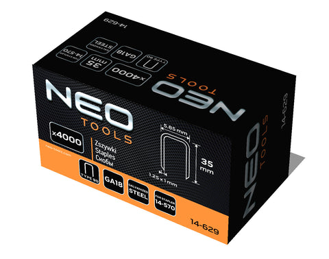 NEO TOOLS 14-629 Tűzőkapocs, horganyzott 90-es tipus, pneumatikus tűzőgéphez (14-570), GA18, 35mm, 4000db