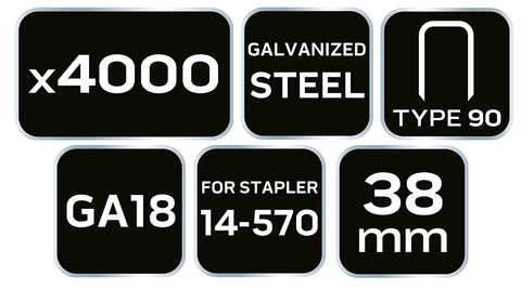 NEO TOOLS 14-630 Tűzőkapocs, horganyzott 90-es tipus, pneumatikus tűzőgéphez (14-570), GA18, 38mm, 4000db