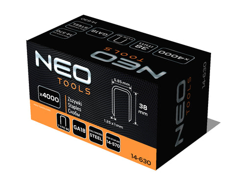 NEO TOOLS 14-630 Tűzőkapocs, horganyzott 90-es tipus, pneumatikus tűzőgéphez (14-570), GA18, 38mm, 4000db