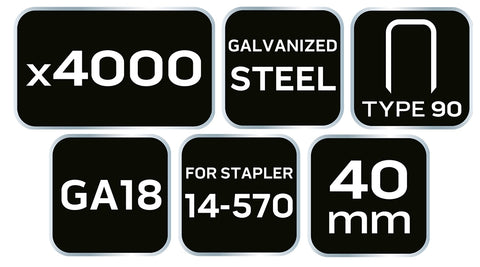 NEO TOOLS 14-631 Tűzőkapocs, horganyzott 90-es tipus, pneumatikus tűzőgéphez (14-570), GA18, 40mm, 4000db