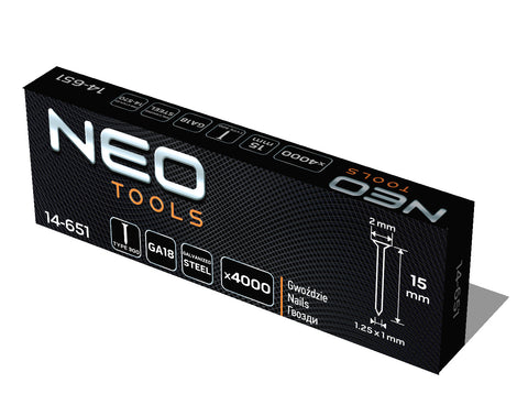 NEO TOOLS 14-651 Tűzőszeg, horganyzott 300 (F) tipus, pneumatikus tűzőgéphez (14-570), GA18, 15mm, 4000db