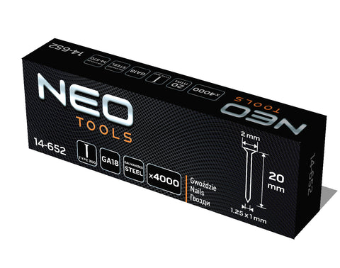 NEO TOOLS 14-652 Tűzőszeg, horganyzott 300 (F) tipus, pneumatikus tűzőgéphez (14-570), GA18, 20mm, 4000db