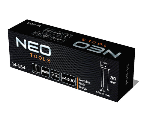 NEO TOOLS 14-654 Tűzőszeg, horganyzott 300 (F) tipus, pneumatikus tűzőgéphez (14-570), GA18, 30mm, 4000db