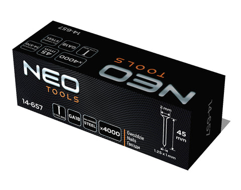 NEO TOOLS 14-657 Tűzőszeg, horganyzott 300 (F) tipus, pneumatikus tűzőgéphez (14-570), GA18, 45mm, 4000db