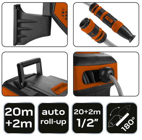 NEO TOOLS 15-891 Autómata tömlődob, 20 m locsolótömlő + 2 m csatlakozó tömlő, 10 bar, PP ház, PVC tömlő, falra szerelhető