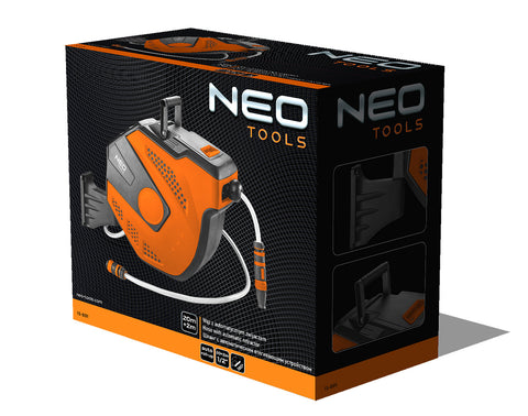 NEO TOOLS 15-891 Autómata tömlődob, 20 m locsolótömlő + 2 m csatlakozó tömlő, 10 bar, PP ház, PVC tömlő, falra szerelhető