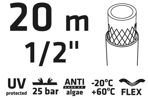 VERTO 15G820 Locsolótömlő 20 m, 1/2", Professional: csomózódás, csavarodás védelem, UV álló, algásodás védelem