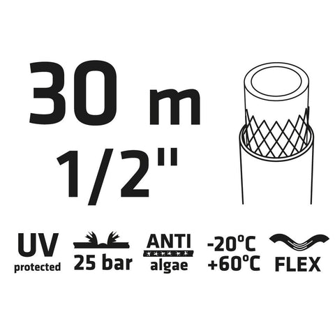 VERTO 15G821 Locsolótömlő 30 m, 1/2", Professional: csomózódás, csavarodás védelem, UV álló, algásodás védelem