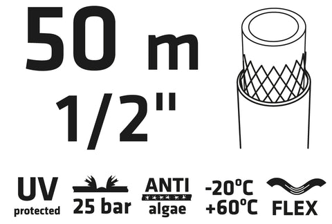 VERTO 15G822 Locsolótömlő 50 m, 1/2", Professional: csomózódás, csavarodás védelem, UV álló, algásodás védelem