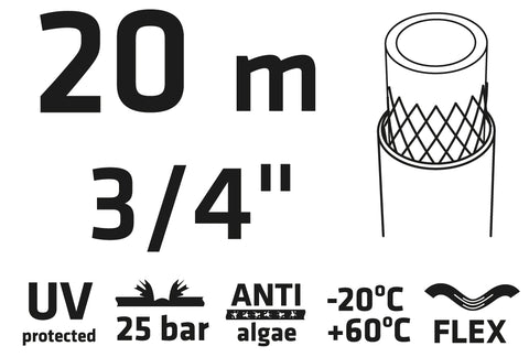 VERTO 15G823 Locsolótömlő 20 m, 3/4", Professional: csomózódás, csavarodás védelem, UV álló, algásodás védelem