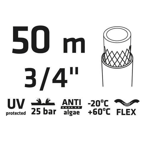 VERTO 15G825 Locsolótömlő 50 m, 3/4", Professional: csomózódás, csavarodás védelem, UV álló, algásodás védelem