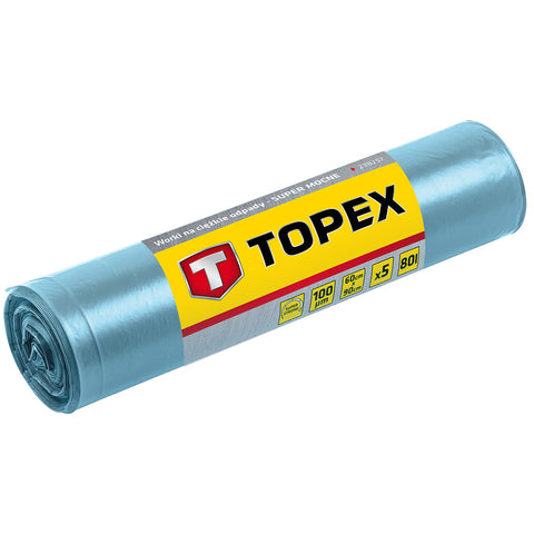 TOPEX 23B257 Szemeteszsák 80L, Nagy teherbírású, kék, méretek:60x90cm, vastagság: 100 mic, LDPE fólia, 5db