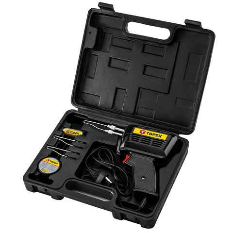 TOPEX 44E005 FORRASZTÓPISZTOLY 150W, kiegészítőkkel, 3db pákacsúcs, forrasztókrém, forrasztóón, kofferben