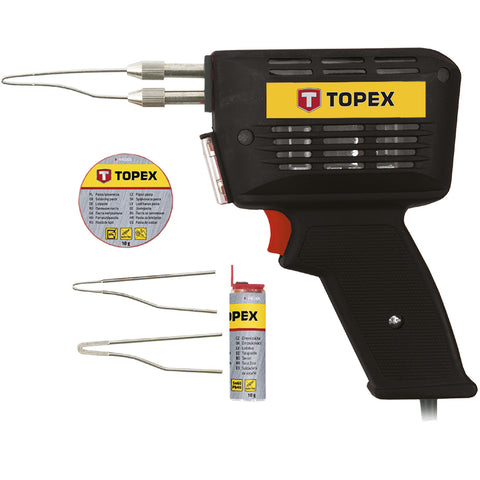 TOPEX 44E005 FORRASZTÓPISZTOLY 150W, kiegészítőkkel, 3db pákacsúcs, forrasztókrém, forrasztóón, kofferben