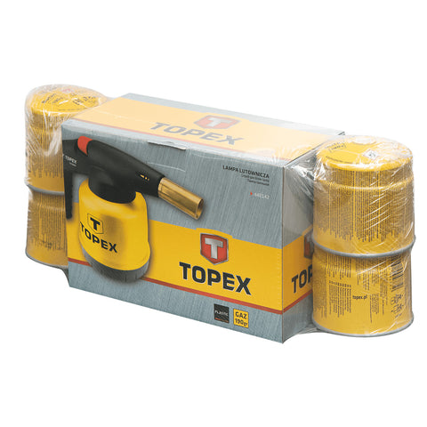 TOPEX 44E154 Gázforrasztó, perzselő, gázégő 4db tartállyal, 190g, szelepes tartállyal