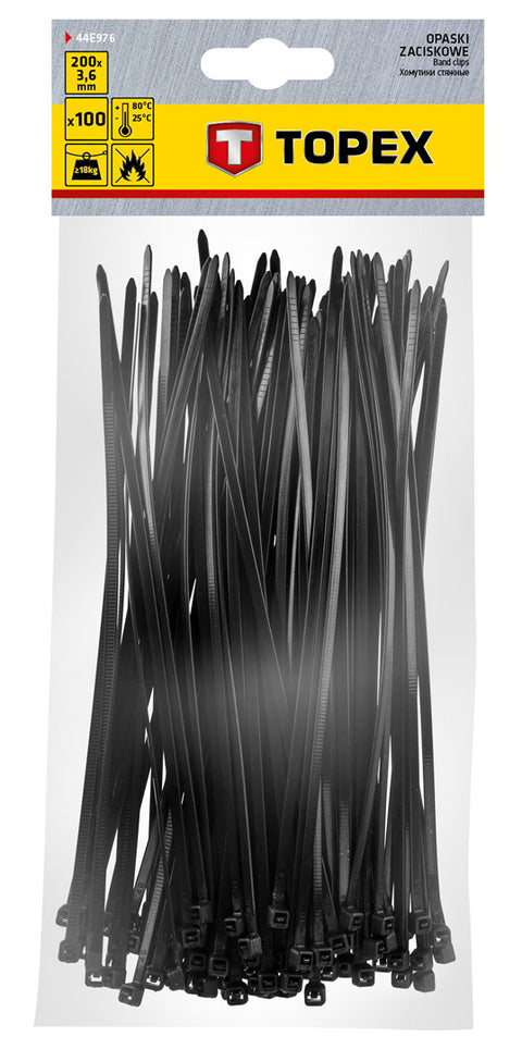 TOPEX 44E976 KÁBELKÖTEGELŐ, gyorskötöző, 3,6mm x 200mm, fekete, 100db