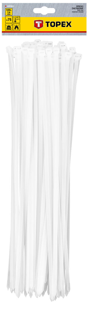 TOPEX 44E984 KÁBELKÖTEGELŐ, gyorskötöző, 7,6mm x 500mm, fehér, 75db