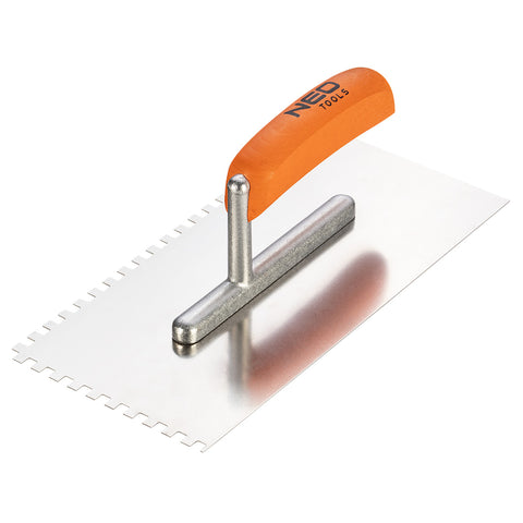 NEO TOOLS 50-162 Acél simító, fogazott, rozsdamentes, 270x128mm, 6x6x6mm, fa markolat