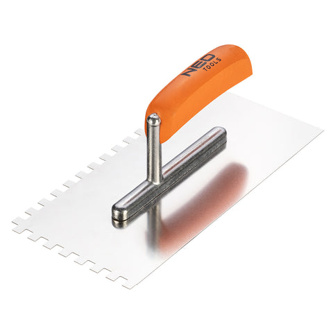 NEO TOOLS 50-163 Acél simító, fogazott, rozsdamentes, 270x128mm, 8x8x8mm, fa markolat
