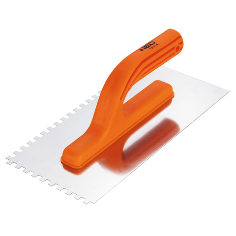 NEO TOOLS 50-204 Acél simító, fogazott, rozsdamentes, 270x125mm, 6x6x6mm, műanyag markolat