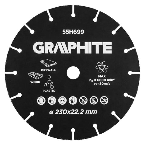 GRAPHITE 55H699 Vágókorong, fához, műanyaghoz, volfrámkarbid, 230x22.2mm