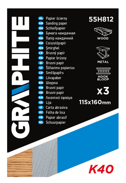GRAPHITE 55H812 Csiszolópapír, tépőzáras, K40, 115x160mm, 3db