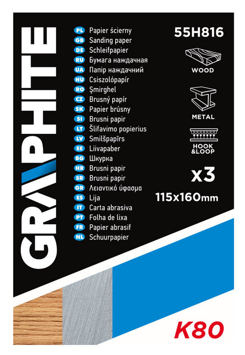 GRAPHITE 55H816 Csiszolópapír, tépőzáras, K80, 115x160mm, 3db