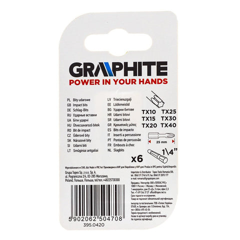 GRAPHITE 56H541 Torziós ütvecsavarozó bit TX10/15/20/25/30/40x25mm, 6db
