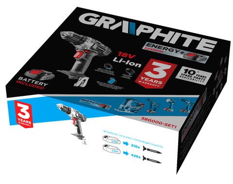 GRAPHITE 58G000-SET1 Akkus fúró Energy+, 18V/2Ah, 10mm gyorstokmány, akku+töltő!