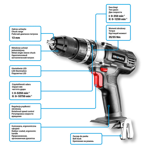 GRAPHITE 58G010 Akkus fúró, csavarozó, ütvefúró Energy+, 18V, 13mm gyorstokmány, akku nélkül!!!