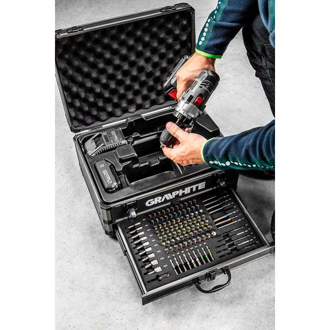GRAPHITE 58G022-PS15 Akkus fúró Energy+, 2db akku+töltő!, 18V/2Ah, 10mm + alu koffer + 109 kiegészítő, levehető fúrótokmány